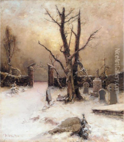 Graveyard In Winter Oil Painting - Iulii Iul'evich (Julius) Klever
