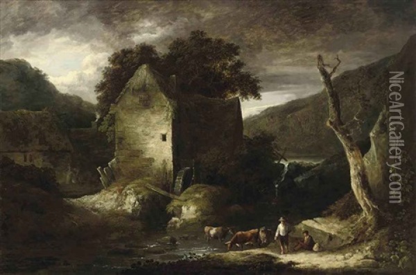 A Wooded River Landscape With Drovers And Their Cattle By A Watermill Oil Painting - Benjamin (of Bath) Barker