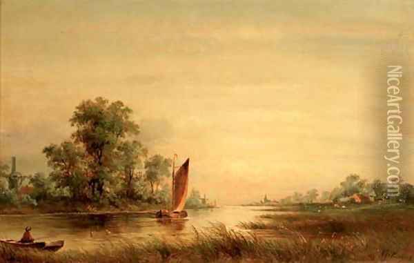On a river at sunset Oil Painting - Albert Jurardus van Prooijen