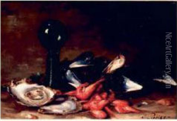 Nature Morte Aux Moules Et Aux Crevettes Oil Painting - Eugene Ferdinand Parisy