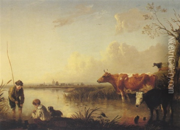 Children Fishing On The River Thames Near Windsor, With A Distant View Of Bray Oil Painting - Edmund Bristow