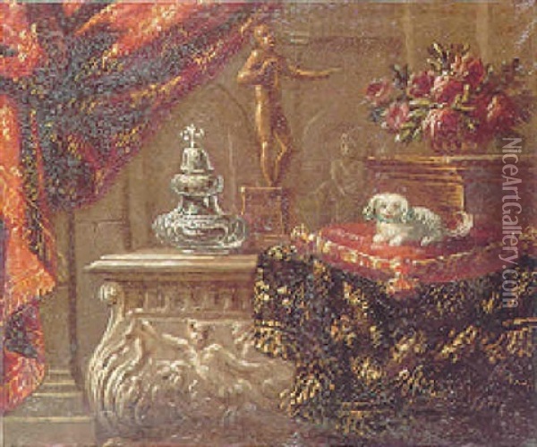 A Still Life Of A Terrier On A Cushion On A Carved Marble Ledge Beside A Statue And A Vase Of Roses Beneath A Red Curtain Oil Painting - Antonio Gianlisi