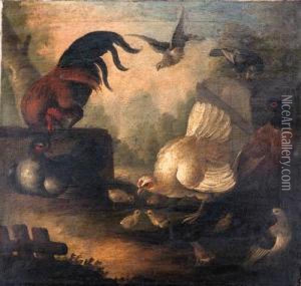 Chickens, A Pheasant And Doves In A Wooded Landscape Oil Painting - Marmaduke Cradock