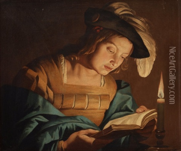 Boy Reading By Candlelight Oil Painting - Matthias Stom