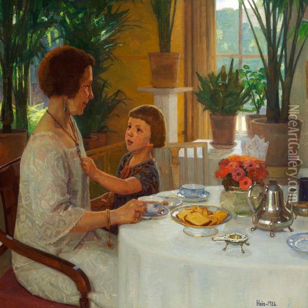 Grandmother And Grandchild Are Having Tea In The Winter Garden Oil Painting - Einar Hein