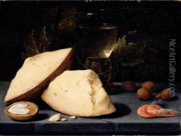 Still Life Of Cheese, A Roemer 
Of Wine, A Walnut, Hazelnuts And Two Shrimps On A Table-top Oil Painting - Jacob Fopsen van Es