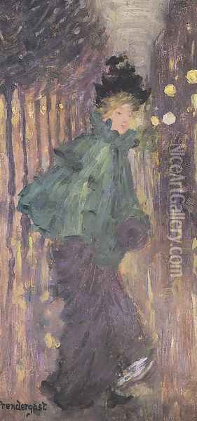 Lady on the Boulevard, AKA The Green Cape Oil Painting - Maurice Brazil Prendergast