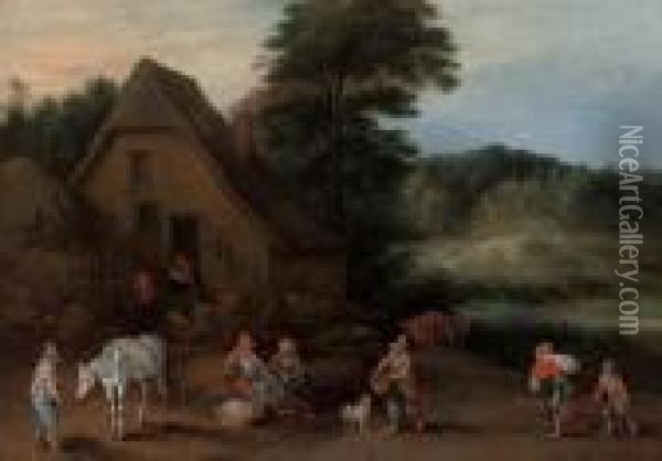 A Wooded Landscape With A Horseman And Peasants Resting Outside A Cottage Oil Painting - Theobald Michau