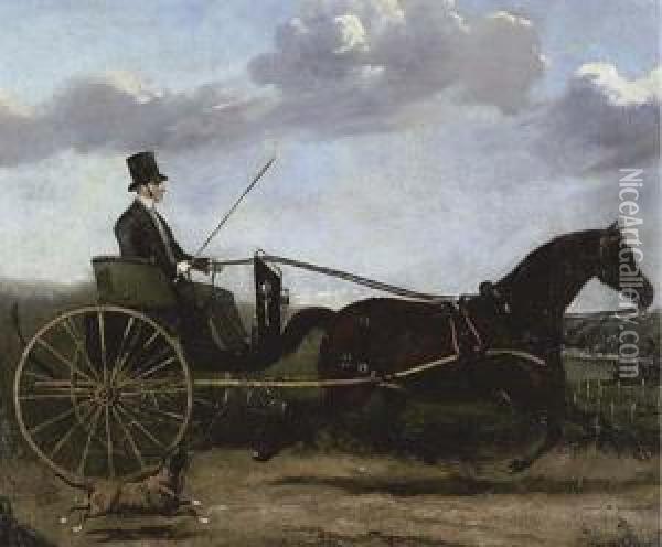 A Gentleman Riding A Trap On A Country Road, A Dog Beside Him Oil Painting - Alfred F. De Prades