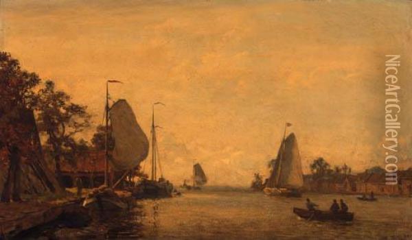 A River Landscape In Summer With Sailingboats Along A Quay Oil Painting - Willem Bastiaan Tholen