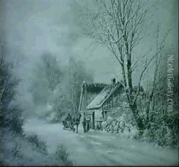 Bjerglandskab Med Alob Og Huse, Vinter Oil Painting - Anders Andersen-Lundby