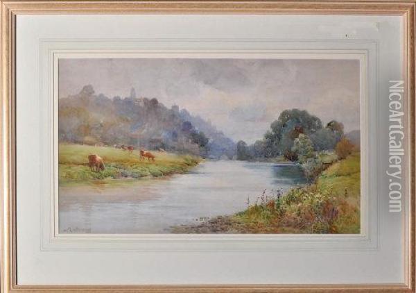 Cattle Grazing Along The Bank Of A River With A Town In The Distance Oil Painting - Arthur Netherwood