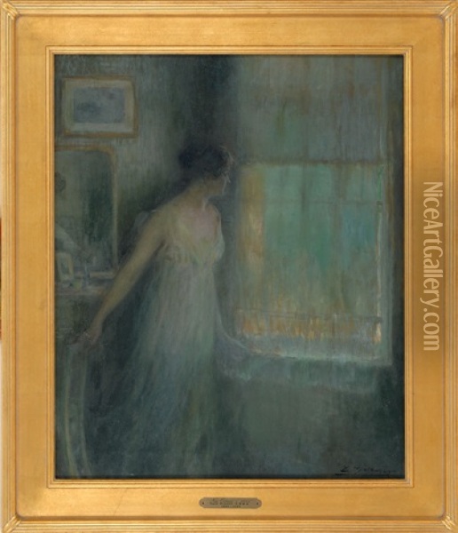Portrait Of A Woman Peering Out A Window Oil Painting - Luis Graner y Arrufi