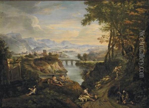 An Extensive Mountainous River Landscape With Figures In The Foreground Oil Painting - Alessandro Magnasco