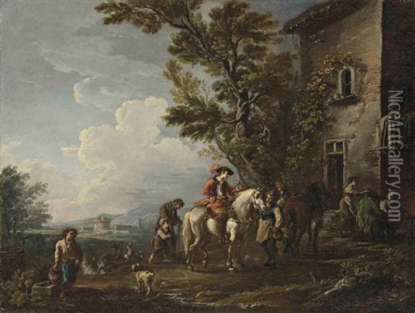 An Italian Landscape With Horsemen Halting At An Inn Oil Painting - Antonio Diziani