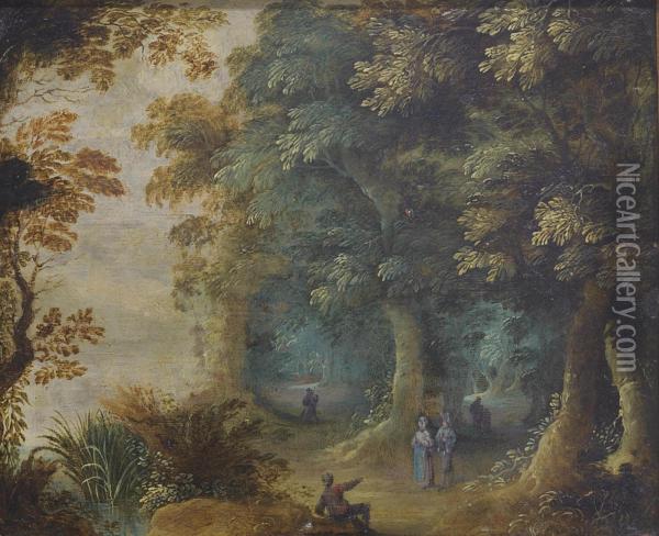Figures In A Wooded Landscape Oil Painting - Abraham Govaerts