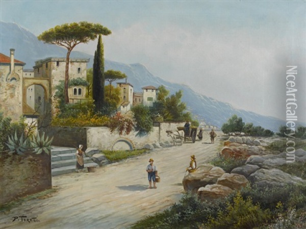 Wegpartie Am Gardasee Mit Hausern Oil Painting - Pietro Toretti