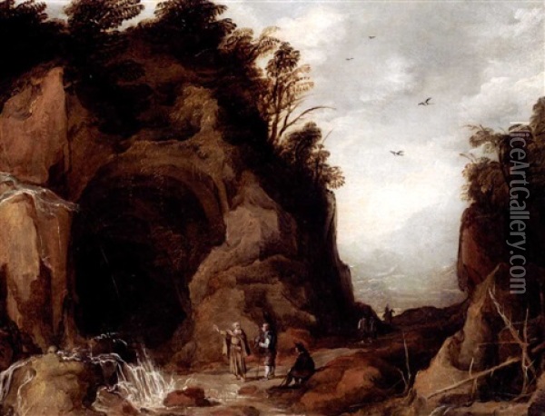 A Mountainous Landscape With Travellers And A Hermit Outside A Cave With A Waterfall Oil Painting - Joos de Momper the Younger