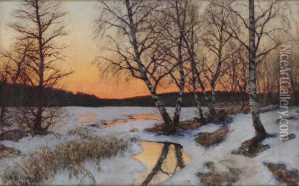 Vinterlandskap I Solnedgang Oil Painting - Edvard Rosenberg