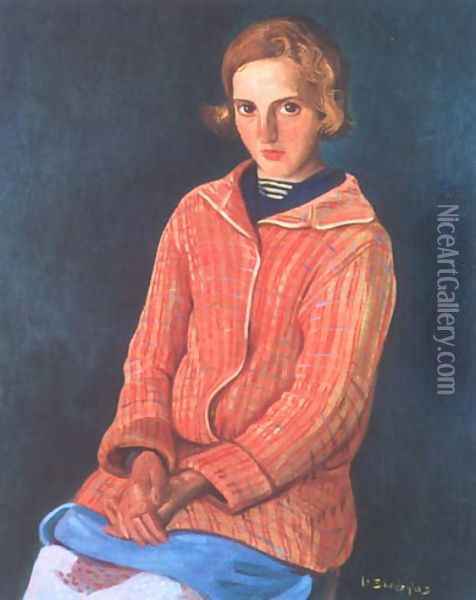 Portrait of a Girl in a Red Sweater Oil Painting - Wladyslaw Skoczylas