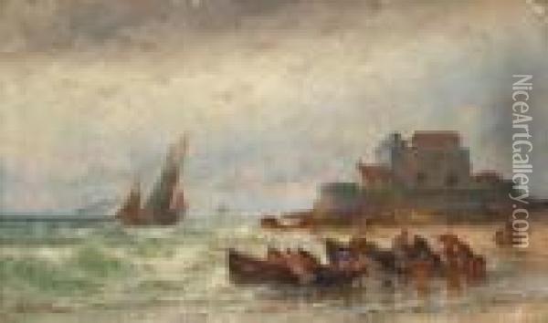 Fishermen On The Lakeshore Oil Painting - Theodor Alexander Weber