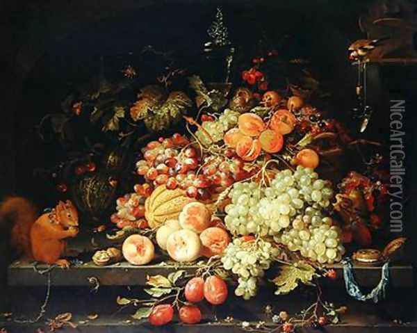 Still Life with Fruit Squirrel and Goldfinch Oil Painting - Abraham Mignon