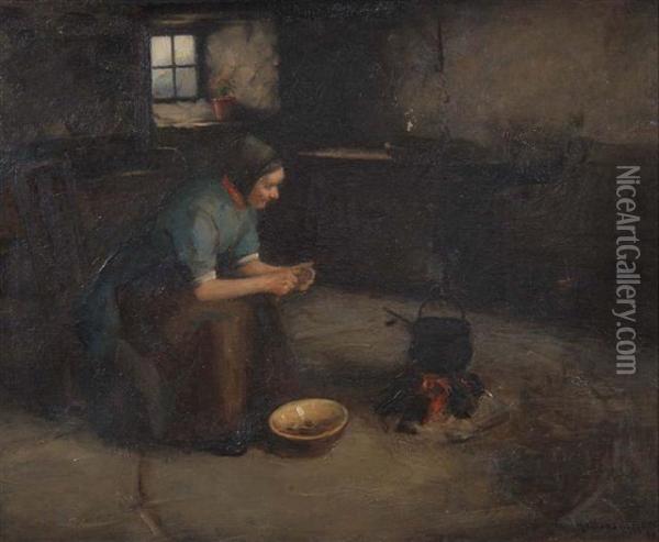 A Crofter's Cottage With Figure Preparing The Evening Meal Oil Painting - Henry John Dobson