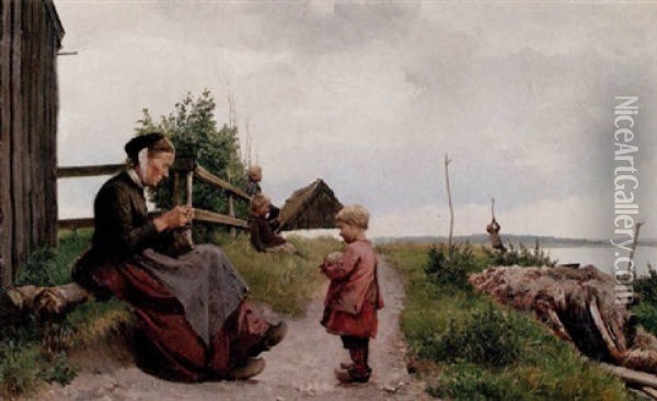Sommarlandskap - Kvinna Med Handarbete Och Lekande Barn Oil Painting - Edvard Frederik Petersen