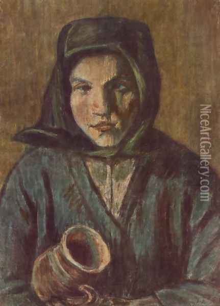 Peasant Girl with Jug c. 1927 Oil Painting - Istvan Nagy