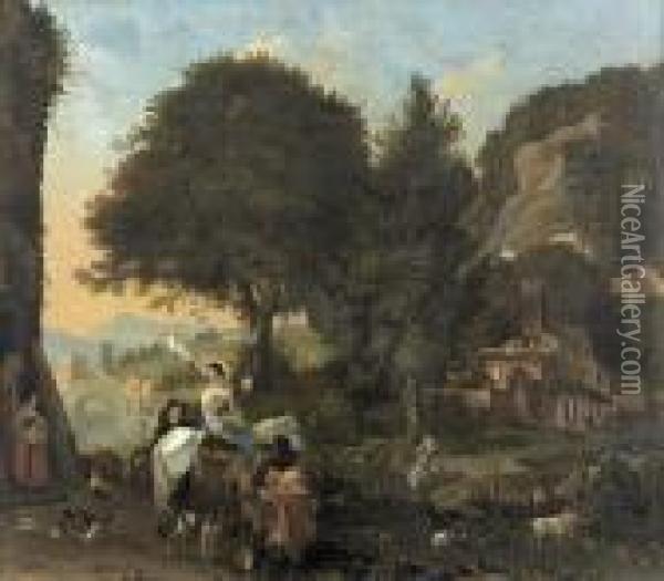 Italisierte Landschaft Mit Romantischer Szene. Oil Painting - Robineau Sallard Ferdiand Desire