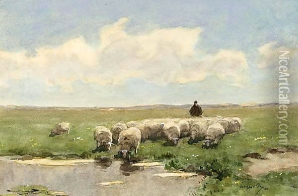 A Shepherd And His Flock By A Fen Oil Painting - Willem II Steelink
