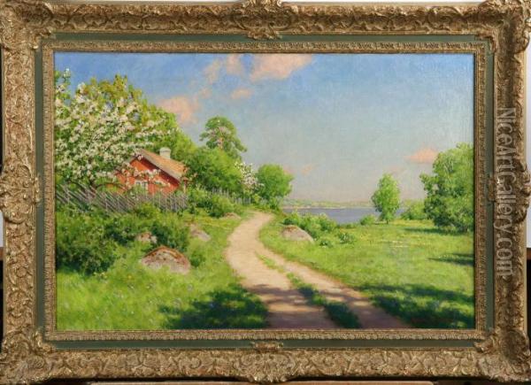 Rod Stuga, Blommande Appeltrad, Signerad Johan Krouthen Oil Painting - Johan Krouthen