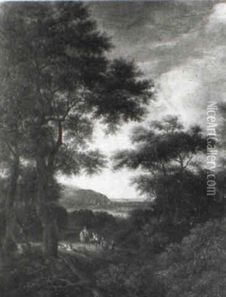 Wooded Landscape With A Man On A Horse Giving Money To A Family Oil Painting - Dirk Dalens III