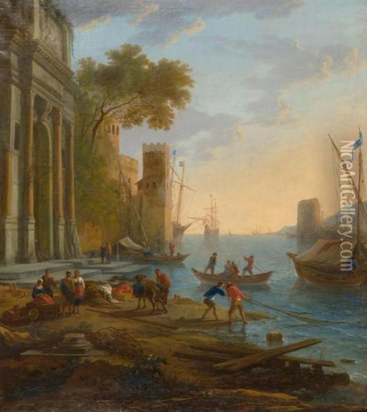 Mediterranean Harbour Landscape With Architectural Motif Andfishermen At The Shore. Oil Painting - Claude Lorrain (Gellee)