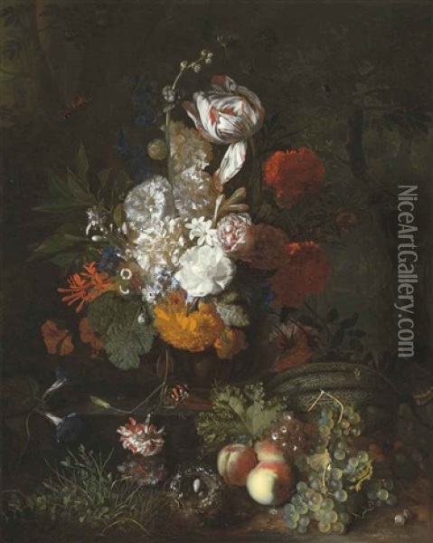 A Still Life With Flowers And Fruits With A Bird's Nest And Eggs Oil Painting - Jan Van Huysum