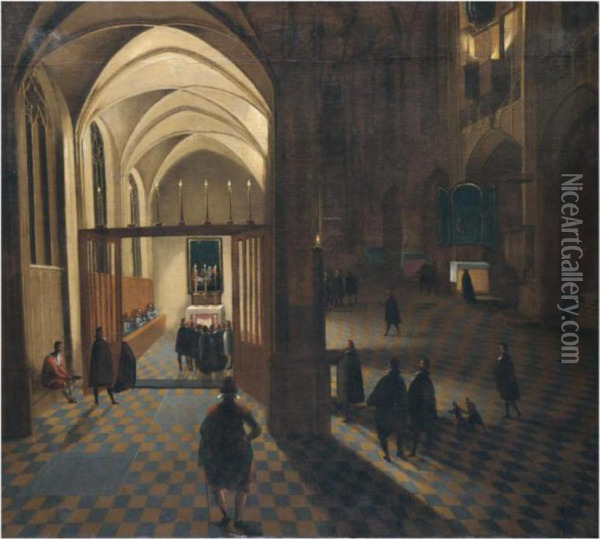 A Nocturnal Church Interior With Worshippers Gathering For Prayer Oil Painting - Peeter, the Elder Neeffs
