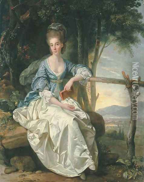 Portrait of Miss Matilda Clevland, small full-length, seated, in a blue and white dress, holding a red book in her left hand, in a Tuscan landscape Oil Painting - Johann Zoffany