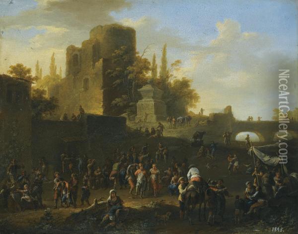 A Kermesse With Villagers By Ruins Oil Painting - Franz Ferg