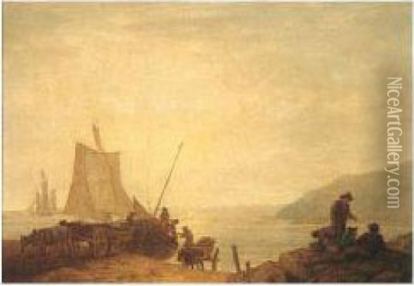 Fishermen Hauling A Boat To Shore, Devon Oil Painting - John White Abbott