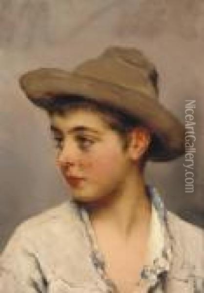 A Young Boy Wearing A Stetson Oil Painting - Eugene de Blaas