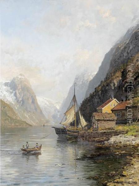 Fjordlandschaft Mit Bootsanlegestelle Und Figurenstaffage Oil Painting - Anders Monsen Askevold
