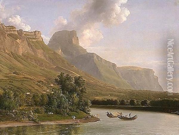 An Alpine Landscape With Figures Bathing And Fishermen In Their Boats Nearby Oil Painting - Jean-Joseph-Xavier Bidauld
