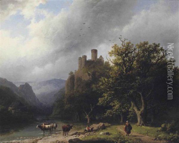 Een Bergachtig Landschap Waarin Een Kleine Waterval Bij Gewone Dag: On A River-bank In A Valley Oil Painting - Barend Cornelis Koekkoek
