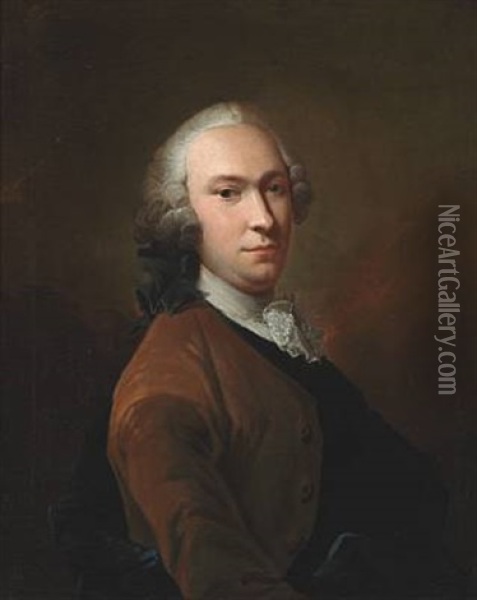 Elegant Man With Full-bottomed Wig, Brown Jacket And White Stock Oil Painting - Isak Wacklin
