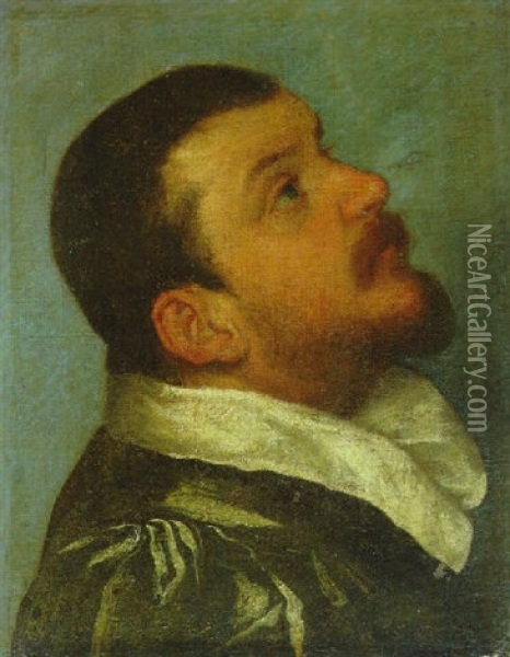 Portrait Of A Gentleman, Bust-length, Looking Upwards To The Right, In Profile Oil Painting - Giovanni Battista Moroni