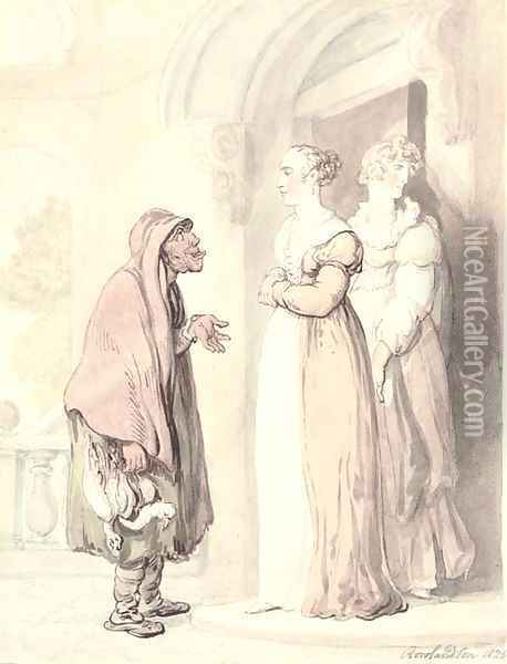 An old woman with two girls at a doorway Oil Painting - Thomas Rowlandson