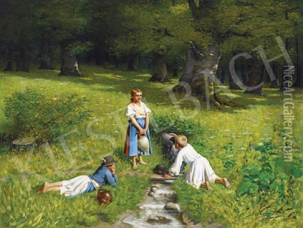 At The Forest (children At The Spring) Oil Painting - Mihaly Szobonya