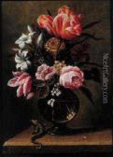 Tulips, Roses, Carnations And 
Other Flowers In A Glass Vase With Alizard On A Wooden Ledge Oil Painting - Hans Bollongier