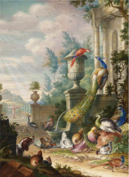 Peacocks, A Parrot And Other Fowl, Watched By A Spaniel, In A Classical Park Landscape Oil Painting - Herman Henstenburgh