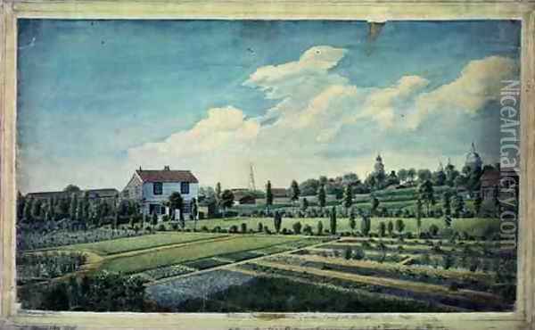 William Curtiss Botanic Gardens, Lambeth Marsh, c.1787 Oil Painting - James Sowerby
